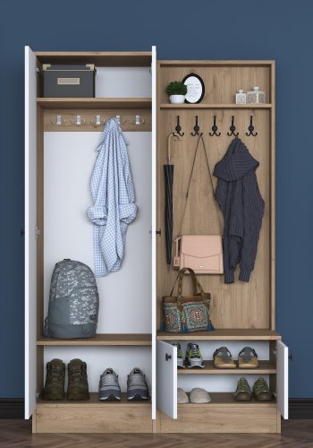 FUNZI LIVING P6 - M5 entrsett, med kroker, 4 drer og 5 hyller - hvit og brun melamin