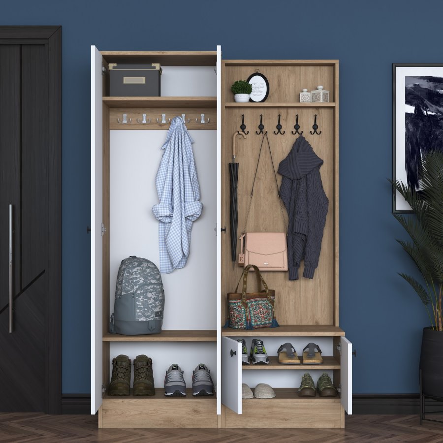 FUNZI LIVING P6 - M5 entrsett, med kroker, 4 drer og 5 hyller - hvit og brun melamin