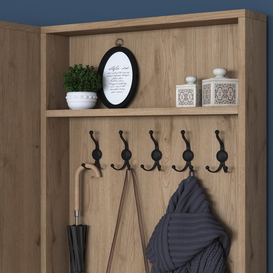 FUNZI LIVING P6 - M5 entrsett, med kroker, 4 drer og 5 hyller - hvit og brun melamin