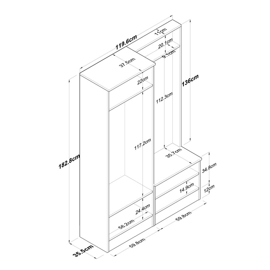 FUNZI LIVING P6 - M5 entrsett, med kroker, 4 drer og 5 hyller - hvit og brun melamin