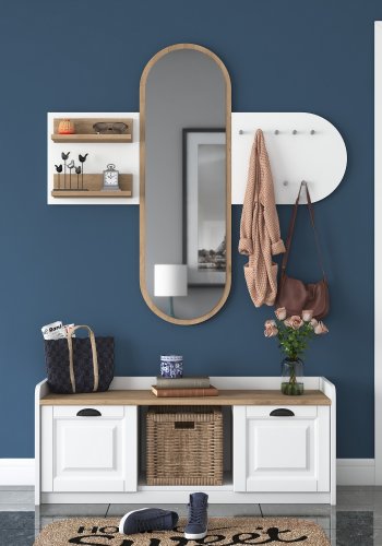 FUNZI LIVING EE101 entrésett, med klesstativ, speil og skap - hvit og valnttfarget melamin