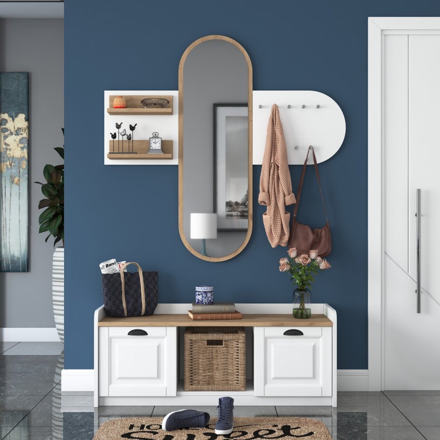 FUNZI LIVING EE101 entrésett, med klesstativ, speil og skap - hvit og valnttfarget melamin