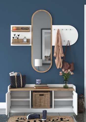 FUNZI LIVING EE101 entrésett, med klesstativ, speil og skap - hvit og valnttfarget melamin