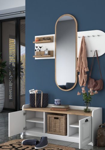 FUNZI LIVING EE101 entrésett, med klesstativ, speil og skap - hvit og valnttfarget melamin