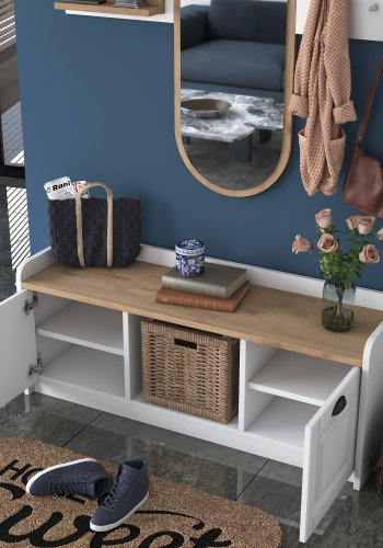 FUNZI LIVING EE101 entrésett, med klesstativ, speil og skap - hvit og valnttfarget melamin