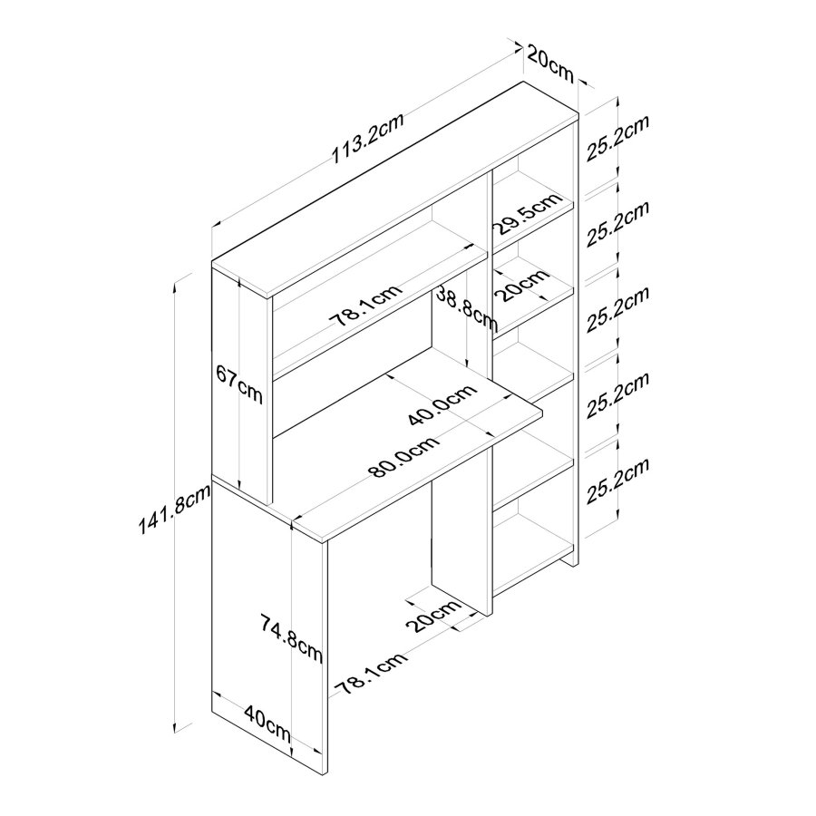 NORDVRK HA104 skrivebord, m. 5 hyller - hvit melamin (113,2x40)