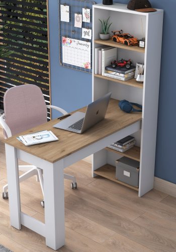 NORDVÄRK HA106 Schreibtisch, mit 4 Regalen, rechteckig – weißes und braunes Melamin (120 x 53,8)