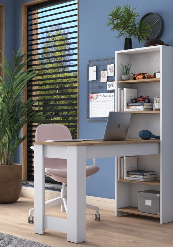 NORDVÄRK HA106 Schreibtisch, mit 4 Regalen, rechteckig – weißes und braunes Melamin (120 x 53,8)