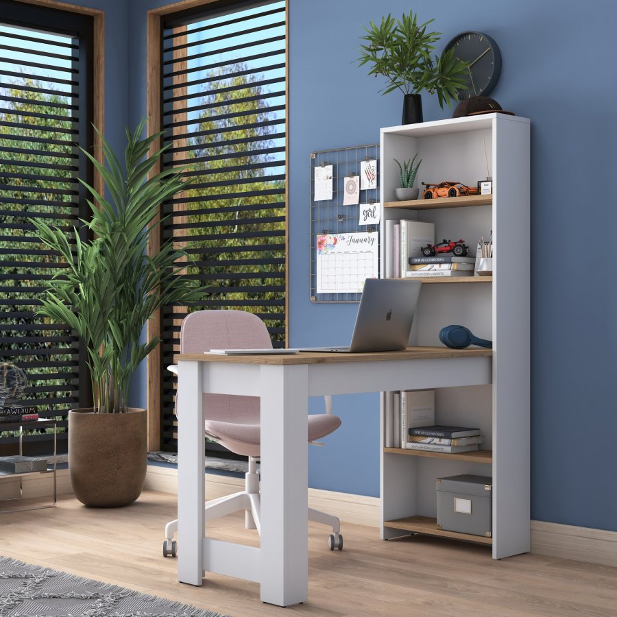 NORDVÄRK HA106 Schreibtisch, mit 4 Regalen, rechteckig – weißes und braunes Melamin (120 x 53,8)