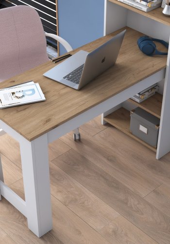 NORDVÄRK HA106 Schreibtisch, mit 4 Regalen, rechteckig – weißes und braunes Melamin (120 x 53,8)