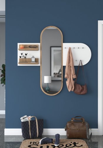 FUNZI LIVING P3 entrsett, med speil, 9 kroker og 2 hyller - hvit og brun melamin