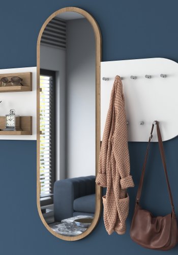 FUNZI LIVING P3 entrsett, med speil, 9 kroker og 2 hyller - hvit og brun melamin