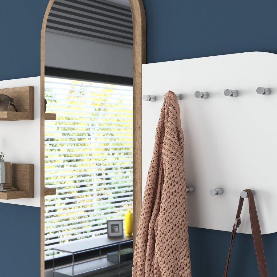 FUNZI LIVING P3 entrsett, med speil, 9 kroker og 2 hyller - hvit og brun melamin