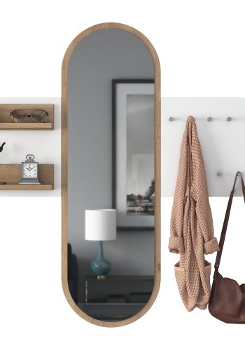 FUNZI LIVING P3 entrsett, med speil, 9 kroker og 2 hyller - hvit og brun melamin