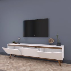 D1 TV-bord, m. 3 lger - hvid og valnddefarvet melamin (180x35)