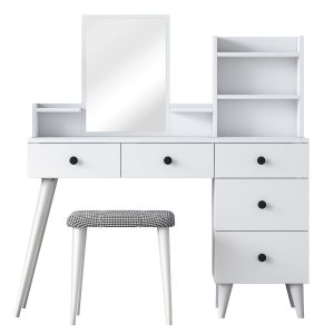 NORDVÄRK BJ101 2294 makeup bord, m. spejl, 4 hylder, 5 skuffer og skammel - hvid melamin (125x40)