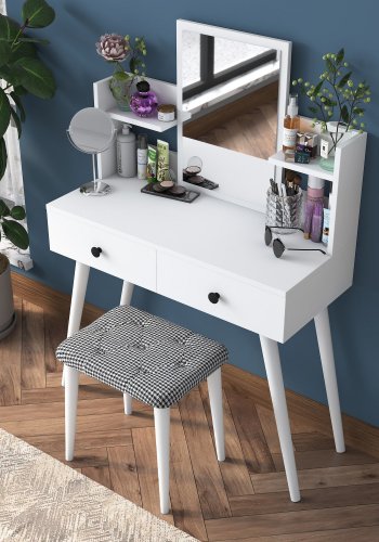 NORDVÄRK BJ102 2235 makeup bord, m. spejl, 2 hylder, 2 skuffer og skammel - hvid melamin (103x40)