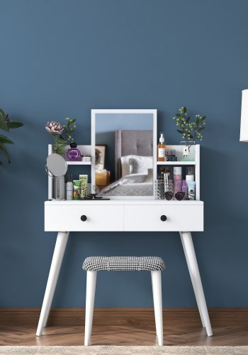 NORDVÄRK BJ102 2235 makeup bord, m. spejl, 2 hylder, 2 skuffer og skammel - hvid melamin (103x40)