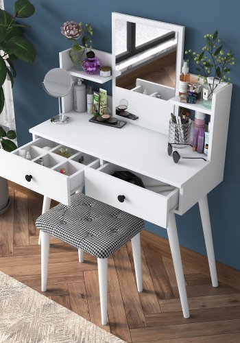 NORDVÄRK BJ102 2235 makeup bord, m. spejl, 2 hylder, 2 skuffer og skammel - hvid melamin (103x40)