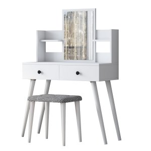 NORDVÄRK BJ102 2235 makeup bord, m. spejl, 2 hylder, 2 skuffer og skammel - hvid melamin (103x40)