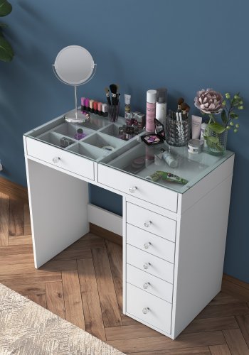 NORDVÄRK BJ107 Schminktisch, mit 7 Schubladen – weißes Melamin (90 x 44,5)