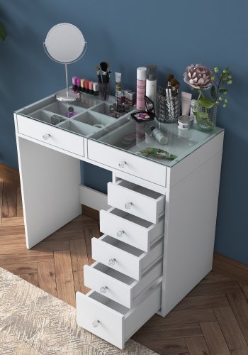 NORDVÄRK BJ107 Schminktisch, mit 7 Schubladen – weißes Melamin (90 x 44,5)