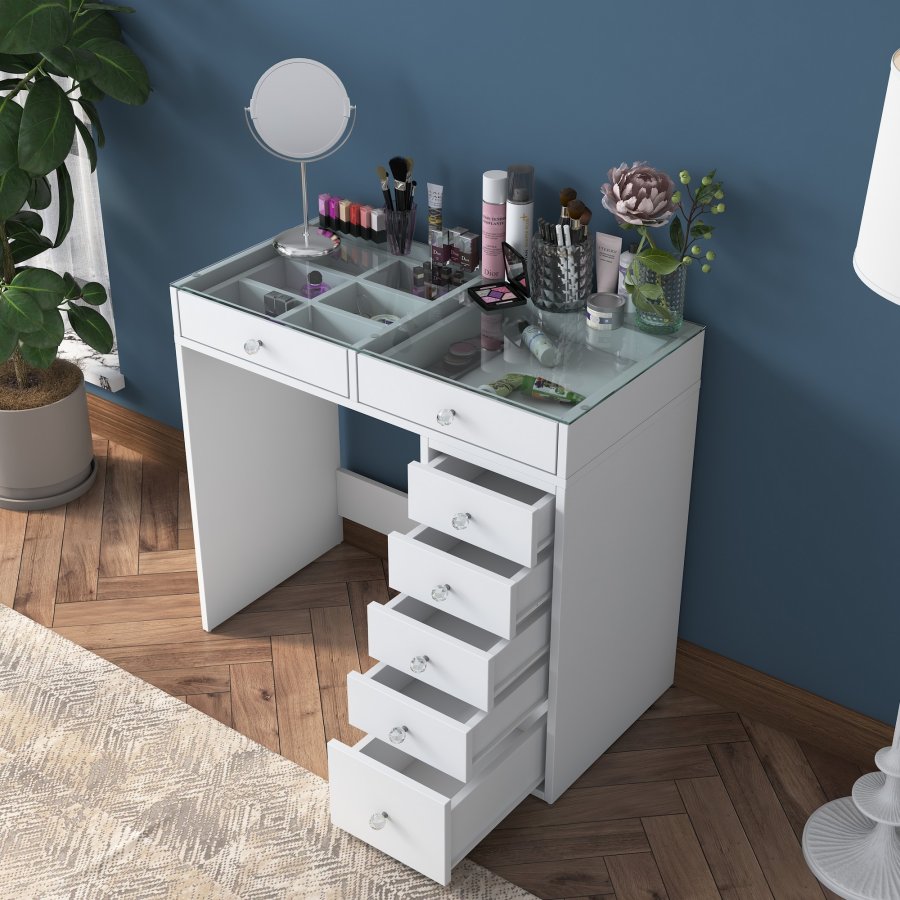 NORDVÄRK BJ107 Schminktisch, mit 7 Schubladen – weißes Melamin (90 x 44,5)