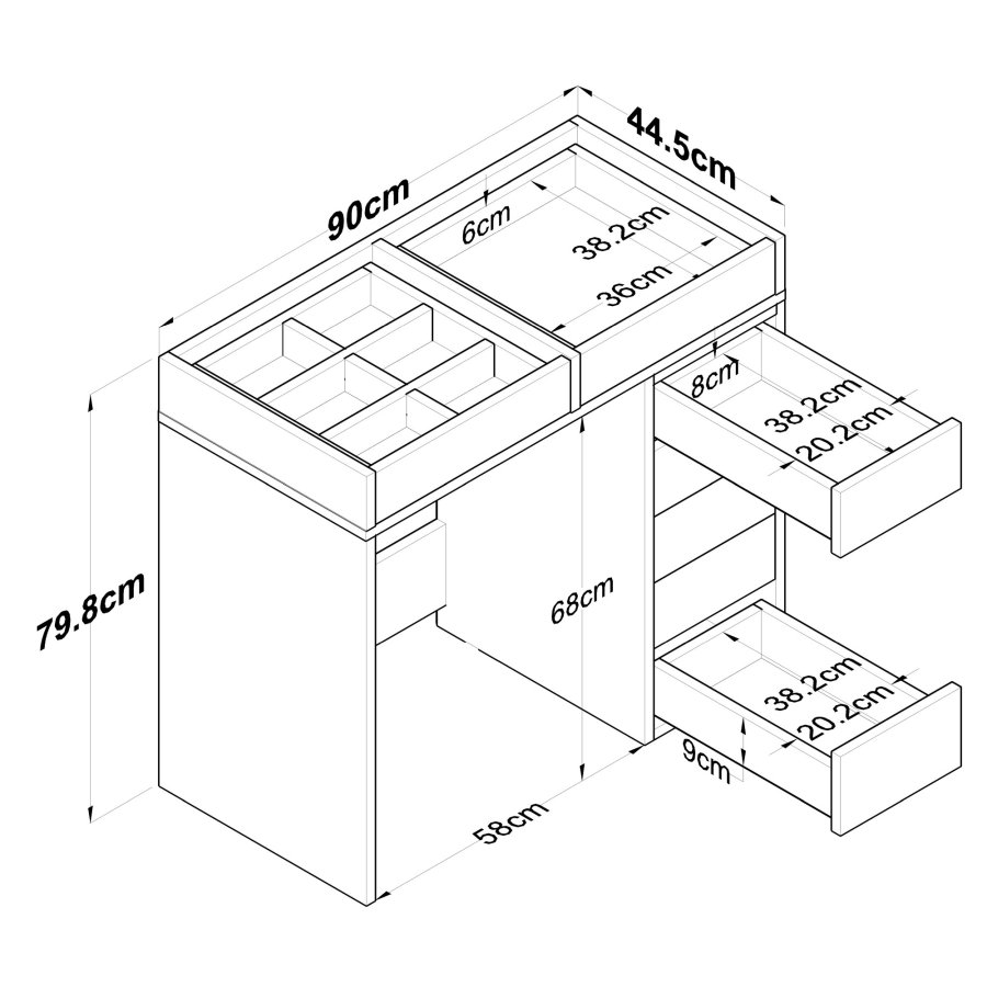 NORDVÄRK BJ107 Schminktisch, mit 7 Schubladen – weißes Melamin (90 x 44,5)