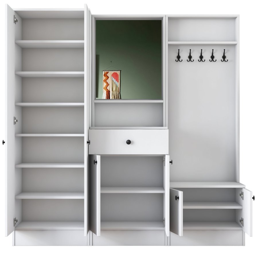FUNZI LIVING M2 entrést, m. knager, spejl, 6 lger, 1 skuffe, 9 hylder - hvid melamin
