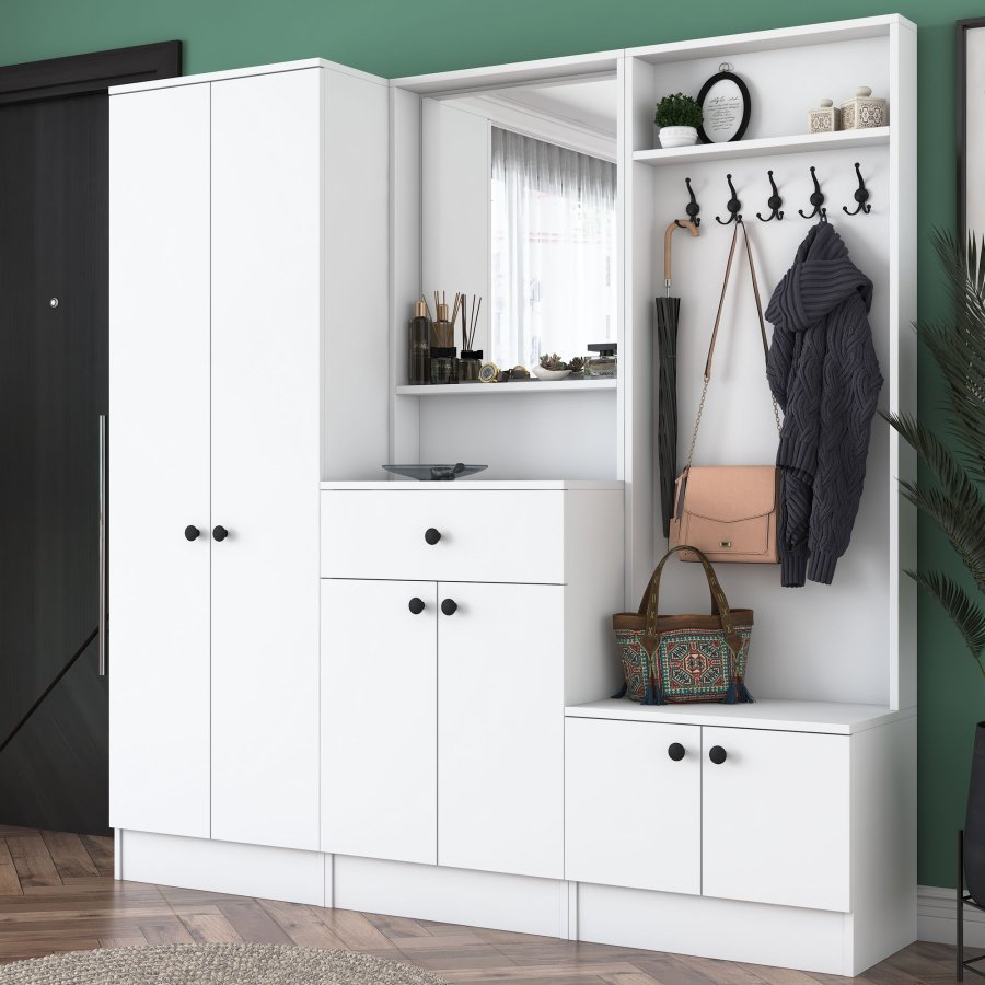 FUNZI LIVING M2 entrést, m. knager, spejl, 6 lger, 1 skuffe, 9 hylder - hvid melamin