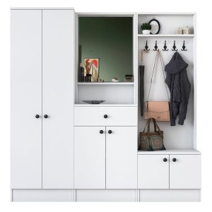 FUNZI LIVING M2 entrést, m. knager, spejl, 6 lger, 1 skuffe, 9 hylder - hvid melamin