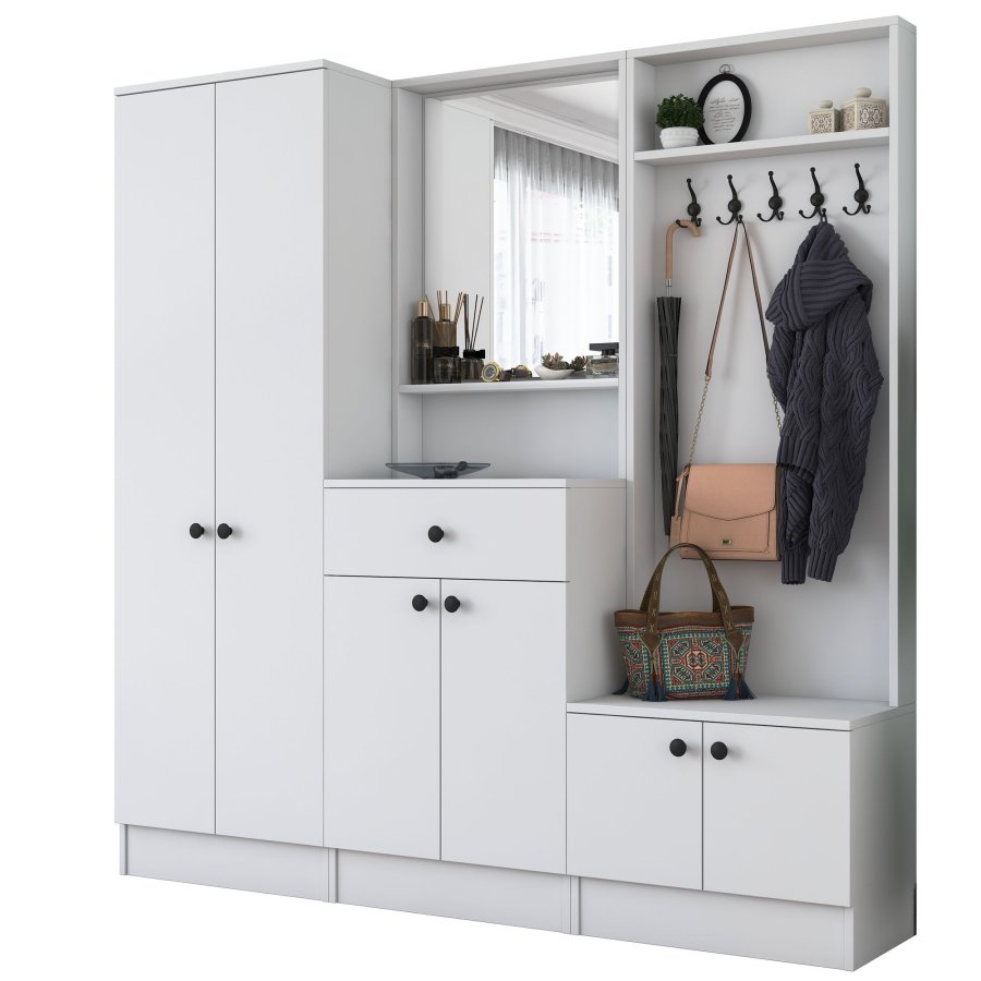 FUNZI LIVING M2 entrést, m. knager, spejl, 6 lger, 1 skuffe, 9 hylder - hvid melamin