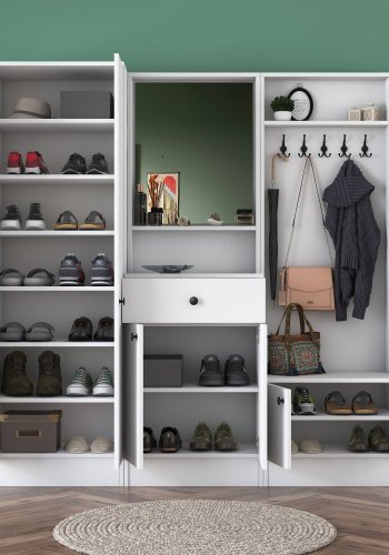 FUNZI LIVING M2 entrést, m. knager, spejl, 6 lger, 1 skuffe, 9 hylder - hvid melamin