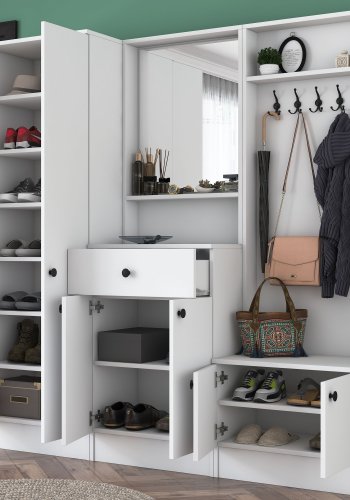 FUNZI LIVING M2 entrést, m. knager, spejl, 6 lger, 1 skuffe, 9 hylder - hvid melamin