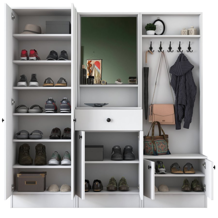 FUNZI LIVING M2 entrést, m. knager, spejl, 6 lger, 1 skuffe, 9 hylder - hvid melamin