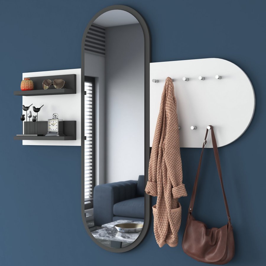 FUNZI LIVING P3 entrsett, med speil, 9 kroker og 2 hyller - hvit melamin