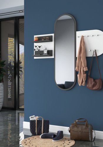 FUNZI LIVING P3 entrsett, med speil, 9 kroker og 2 hyller - hvit melamin