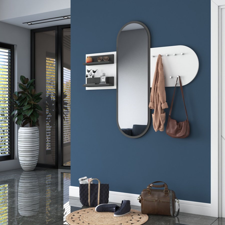 FUNZI LIVING P3 entrsett, med speil, 9 kroker og 2 hyller - hvit melamin