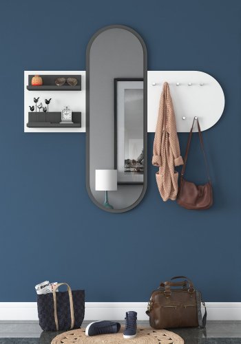 FUNZI LIVING P3 entrsett, med speil, 9 kroker og 2 hyller - hvit melamin