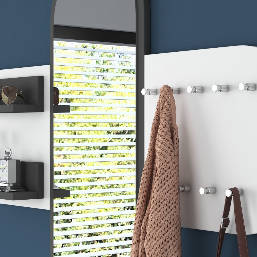 FUNZI LIVING P3 entrsett, med speil, 9 kroker og 2 hyller - hvit melamin