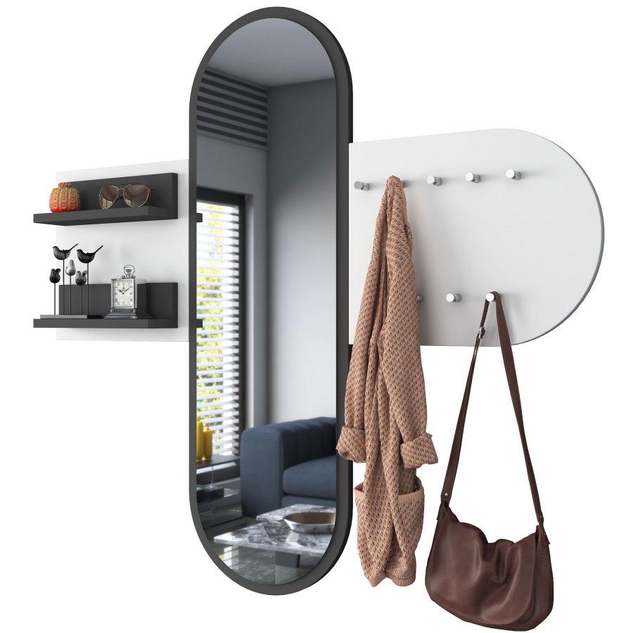 FUNZI LIVING P3 entrsett, med speil, 9 kroker og 2 hyller - hvit melamin