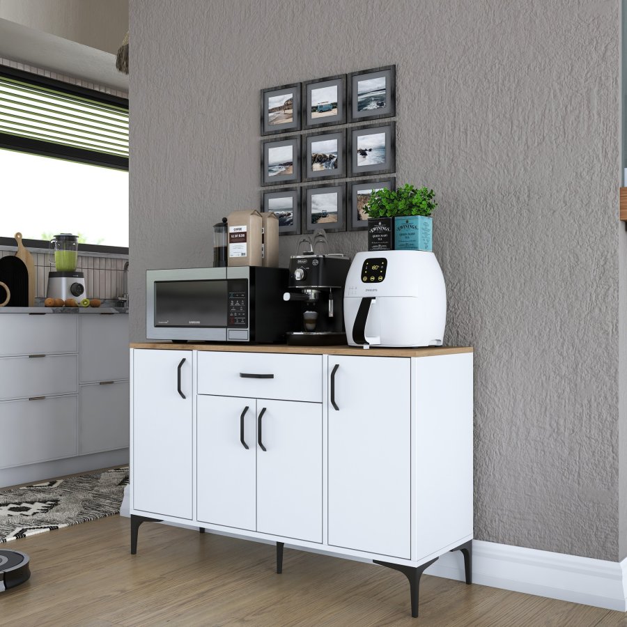 FUNZI LIVING JE136 kjkkenskap, med 4 drer, 2 hyller, 1 skuff, rektangulr - natur og hvit melamin