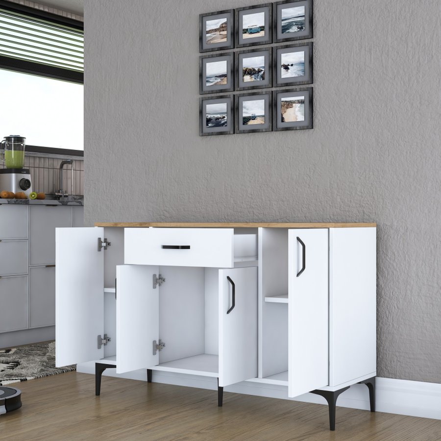 FUNZI LIVING JE136 kjkkenskap, med 4 drer, 2 hyller, 1 skuff, rektangulr - natur og hvit melamin