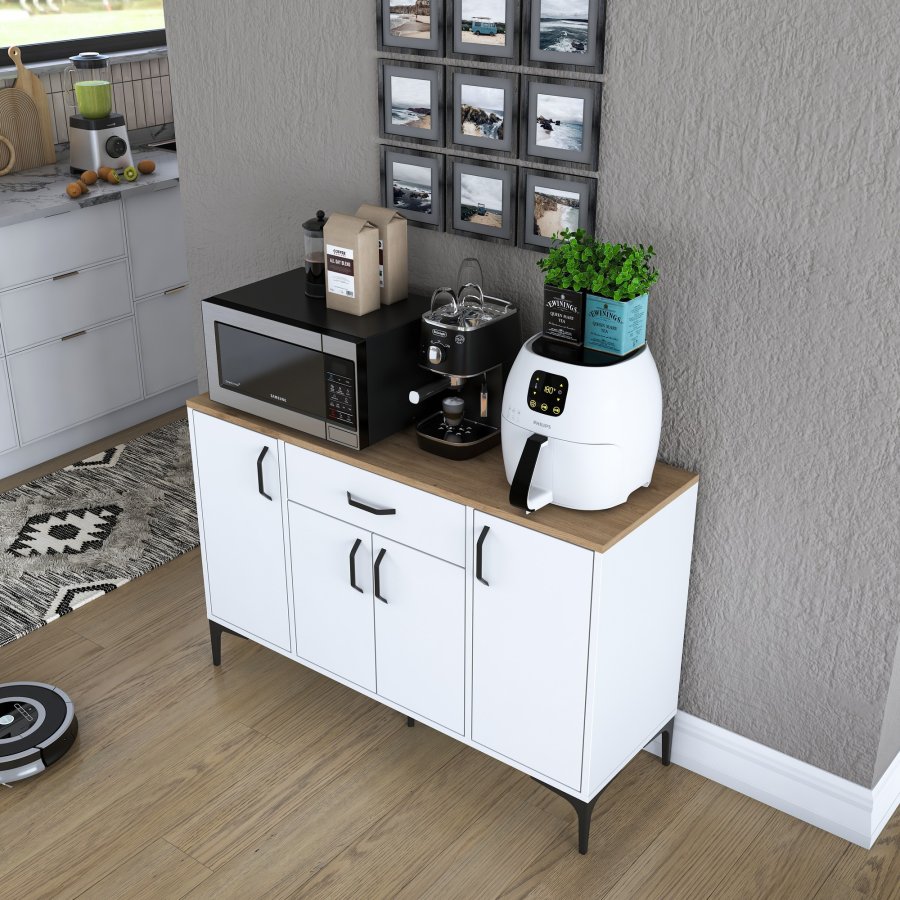 FUNZI LIVING JE136 kjkkenskap, med 4 drer, 2 hyller, 1 skuff, rektangulr - natur og hvit melamin