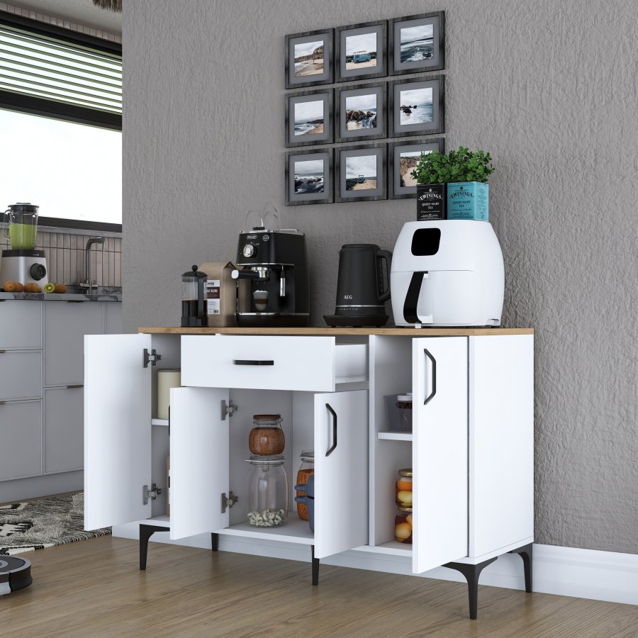 FUNZI LIVING JE136 kjkkenskap, med 4 drer, 2 hyller, 1 skuff, rektangulr - natur og hvit melamin