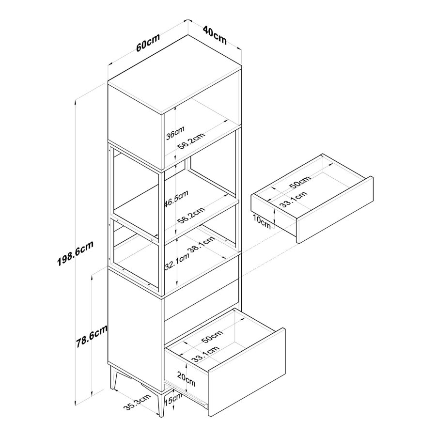 FUNZI LIVING JE135 kjkkenskap, med 1 dr, 1 hylle, 3 skuffer, rektangulr - hvit melamin