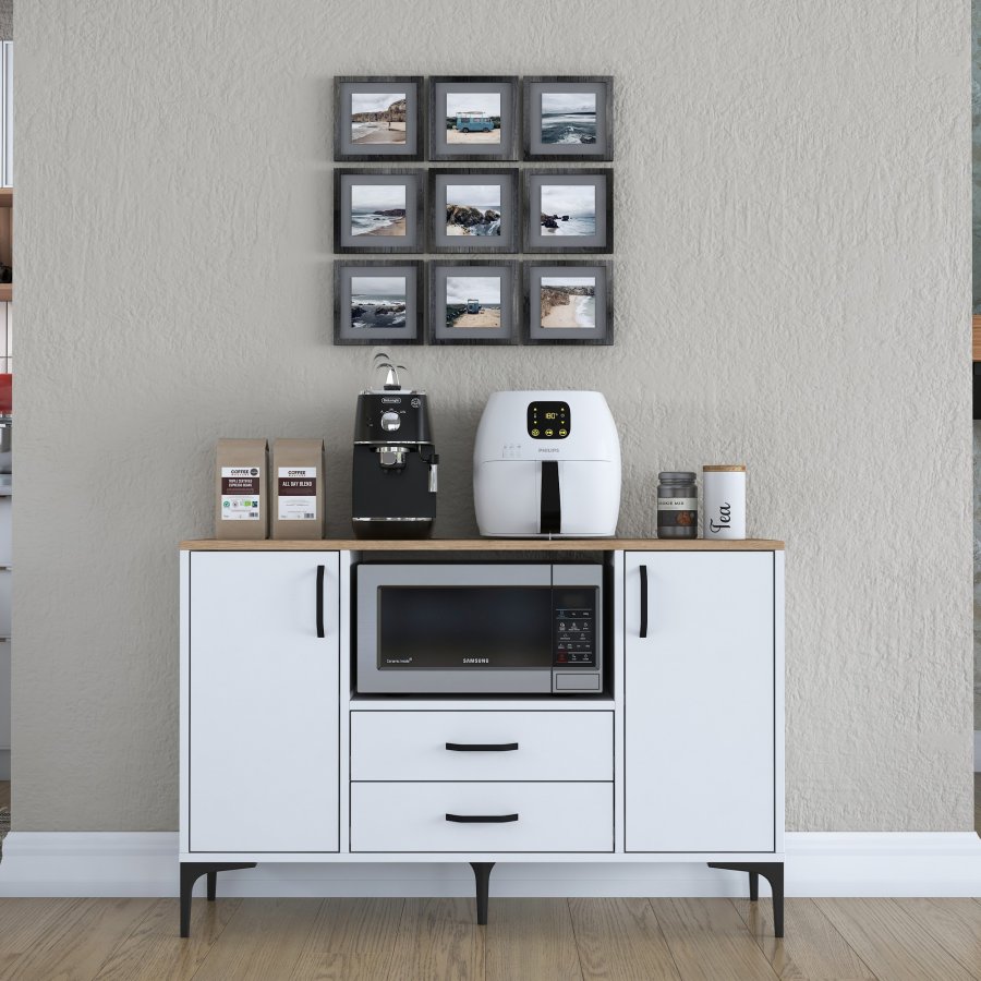 FUNZI LIVING JE174 kjkkenskap, med 2 drer, 2 hyller, 1 rom, 2 skuffer - natur og hvit melamin