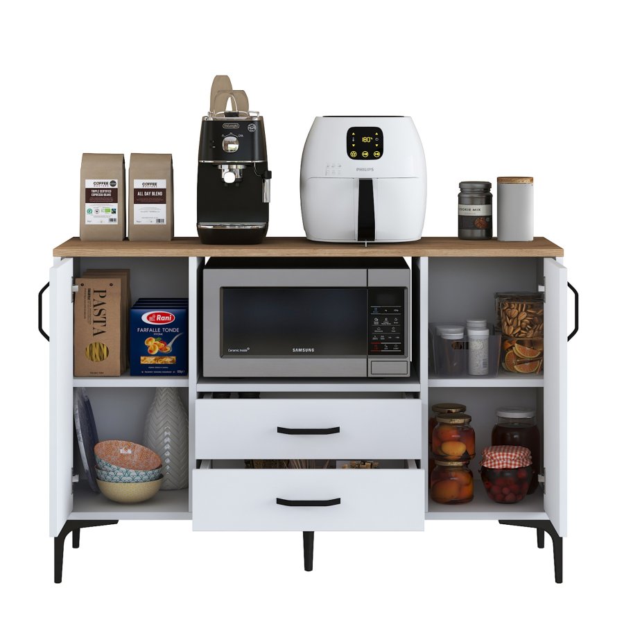 FUNZI LIVING JE174 kjkkenskap, med 2 drer, 2 hyller, 1 rom, 2 skuffer - natur og hvit melamin