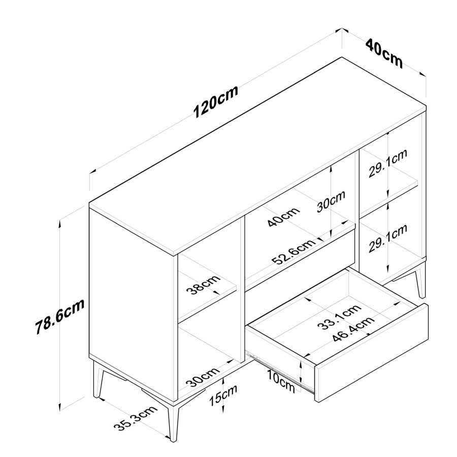FUNZI LIVING JE174 kjkkenskap, med 2 drer, 2 hyller, 1 rom, 2 skuffer - natur og hvit melamin