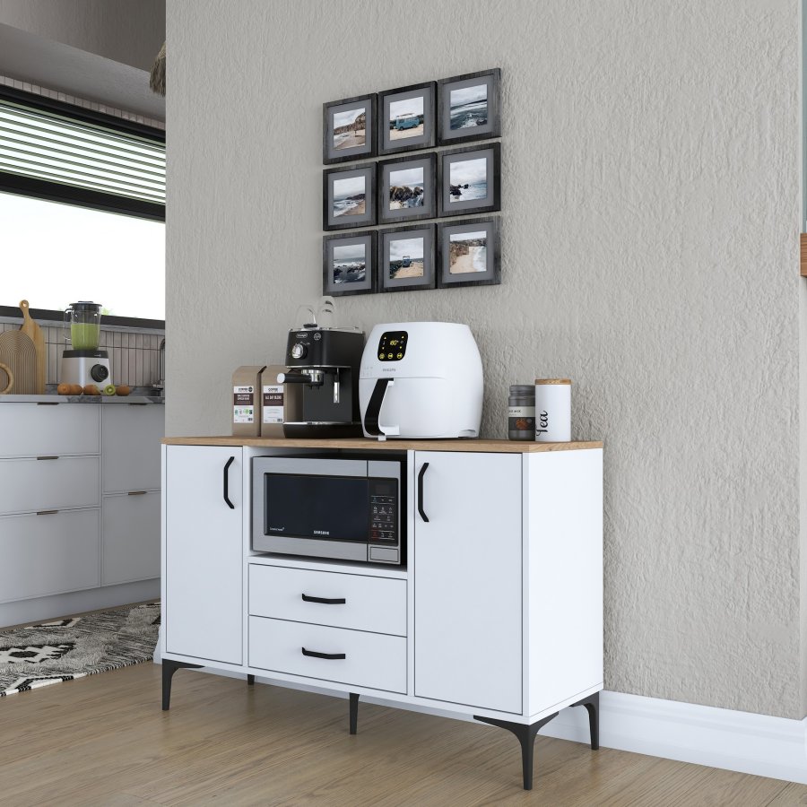 FUNZI LIVING JE174 kjkkenskap, med 2 drer, 2 hyller, 1 rom, 2 skuffer - natur og hvit melamin